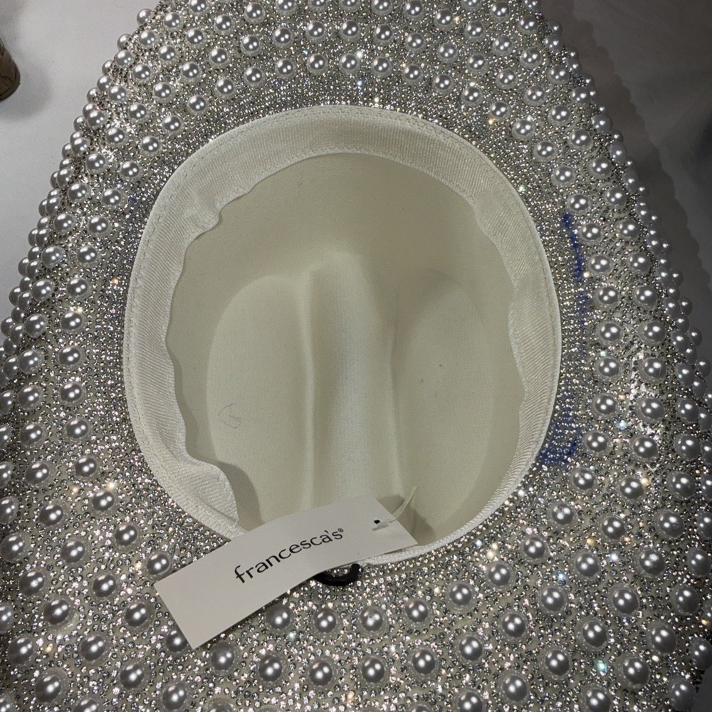 NWT Francesca's Cowgirl Hat Pearls & Rhinestones Felt Faux Suede Bedazzled Stain - Picture 5 of 5